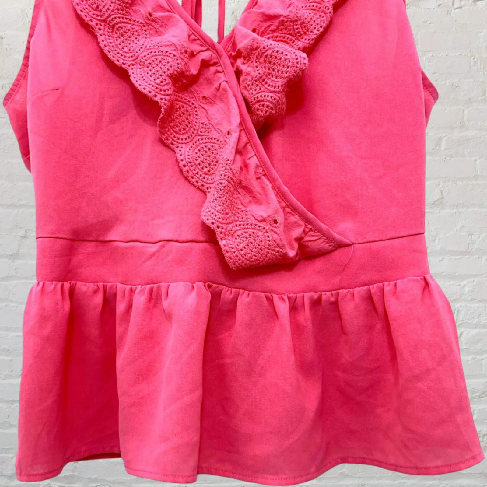 Sunburst Kiss Coral Pink Ruffle Peplum Top L Sleeveless Eyelet Lace Festival Size L - Image 5