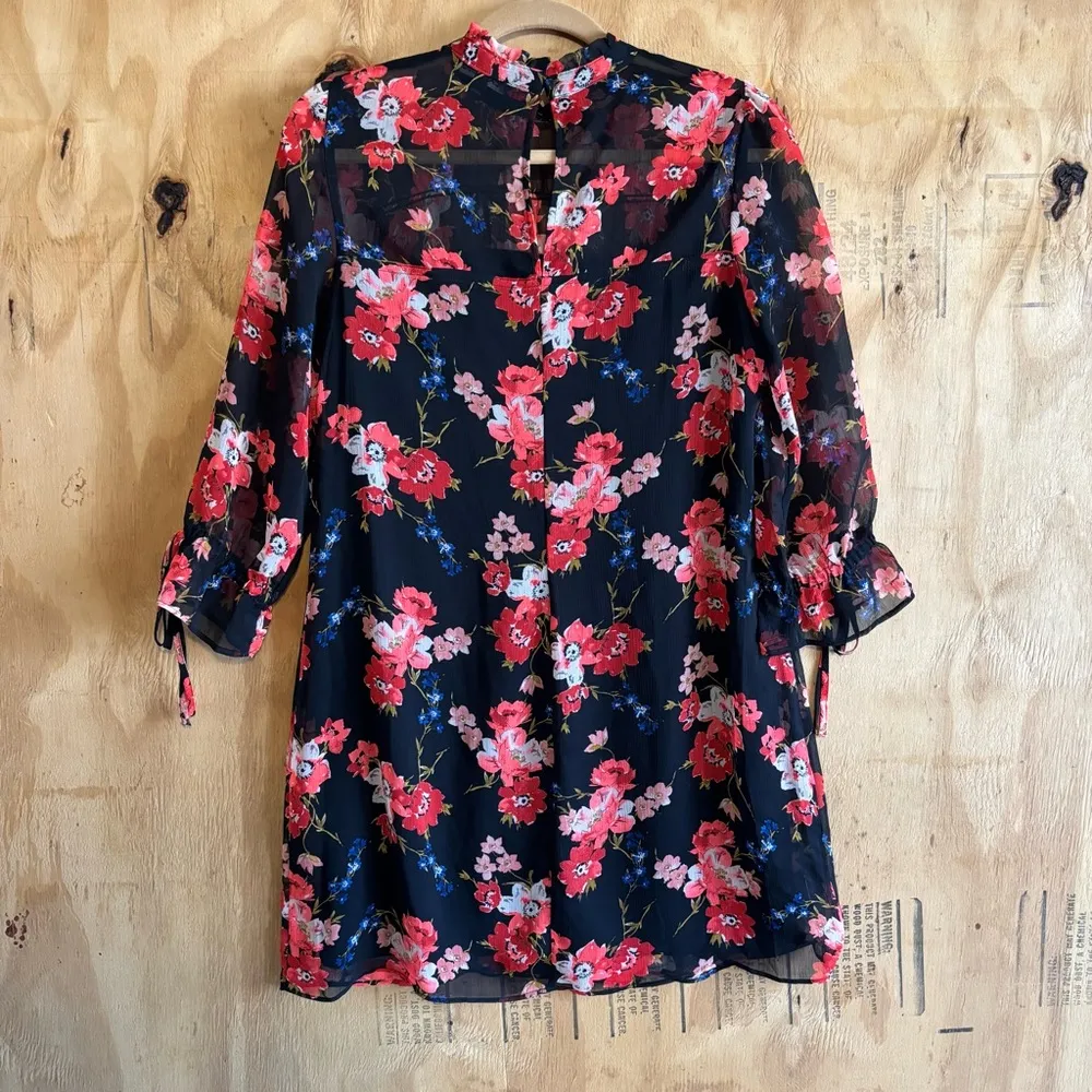 Express Floral Shift Sheer Ruffle Sleeve Mock-Neck Boho Sz M - Image 4