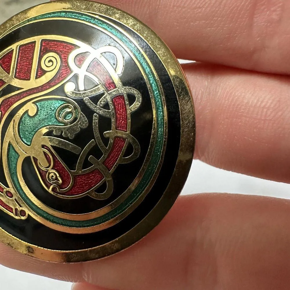 Celtic Sea Gems Signed Cloisonne Style Enamel Gold Tone Brooch Pin - Image 2