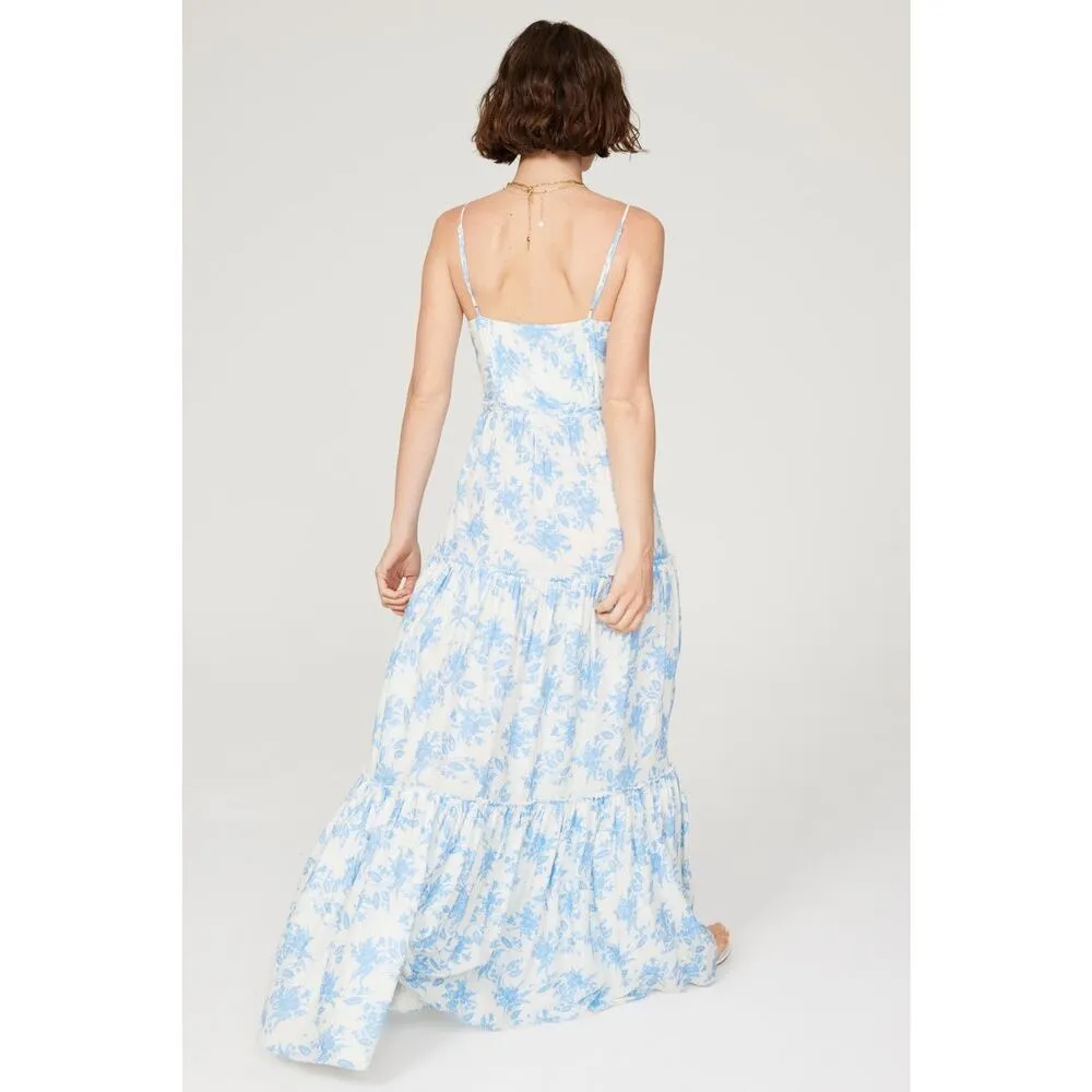 LoveShackFancy Women's White Blue Floral Garnita Floral Tiered Maxi Dress Size 0 - Image 2