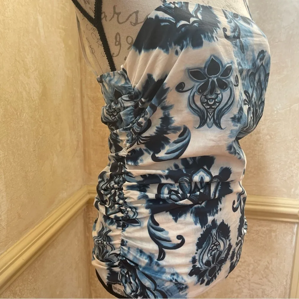 Zara Ruched Blue Paisley Spaghetti Strap Tank Top Cotton Sz L - Image 6