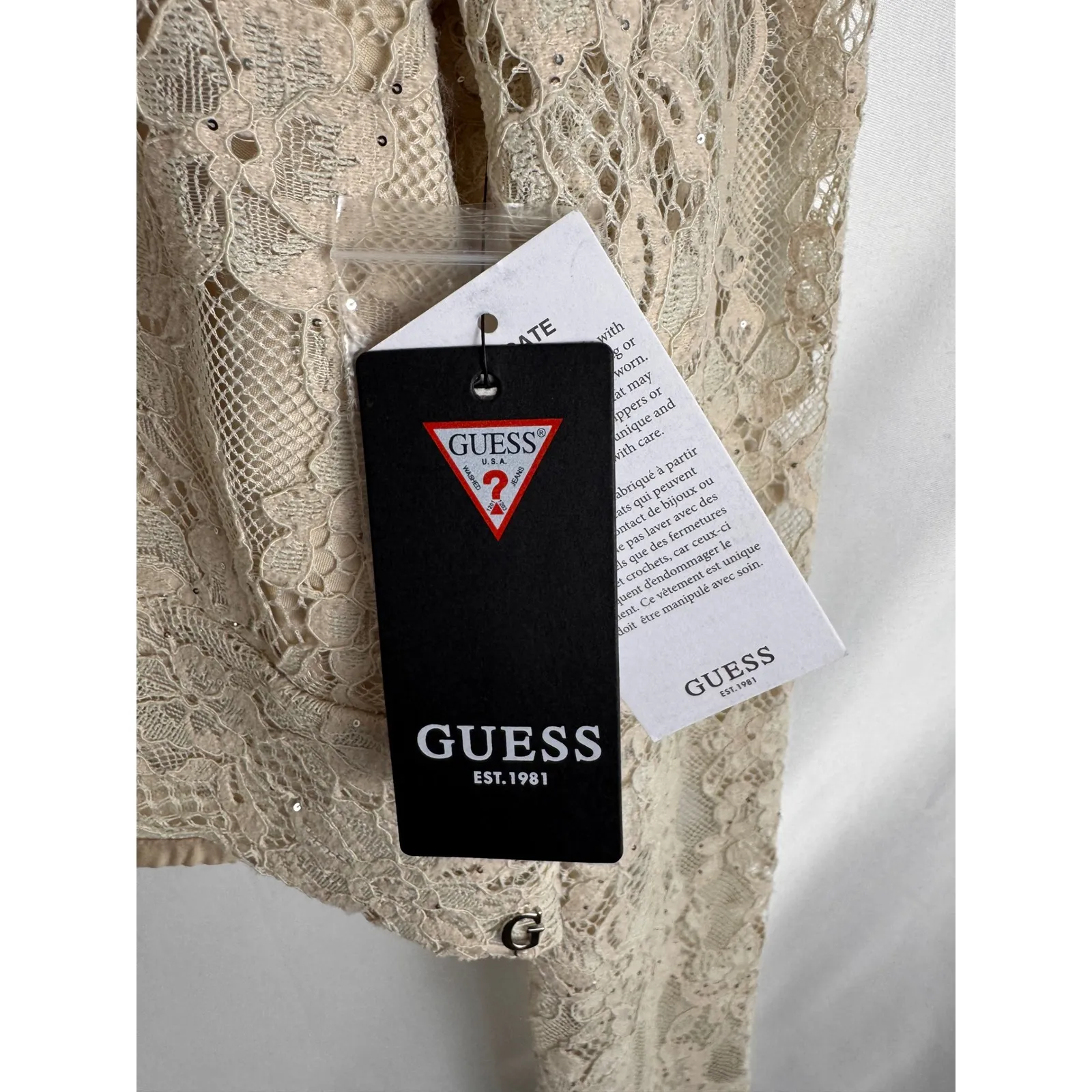 Guess Lace Crop Top Long Sleeve Pearl‎ Oyster Multi Waist Tie XL - Image 5