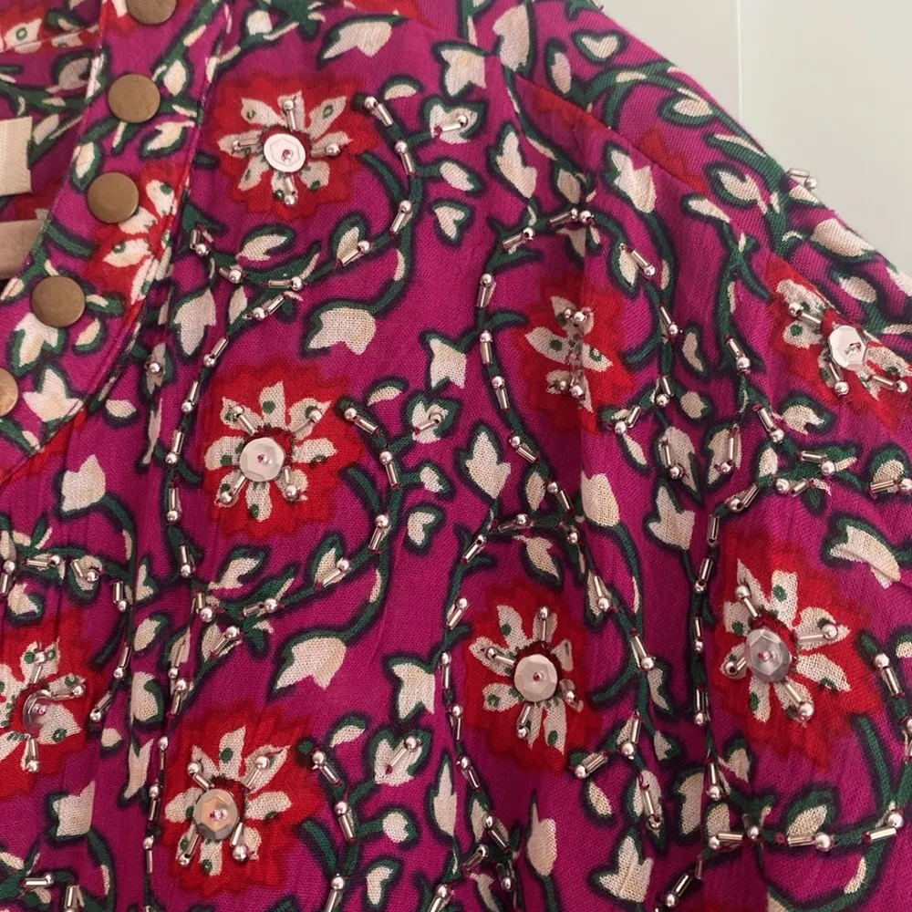 Free People Malia Babydoll Jacket Top S Tie Neck Floral Embellished Berry Combo - Image 6