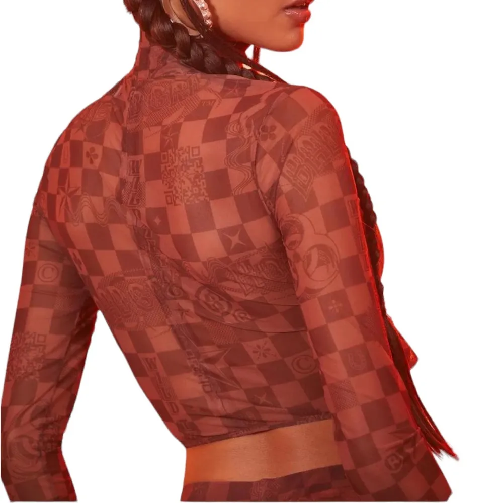 Poster Grl by Dolls Kill Real Luxury Vibes Checker Mesh Crop Top Brown Size XS - Image 4