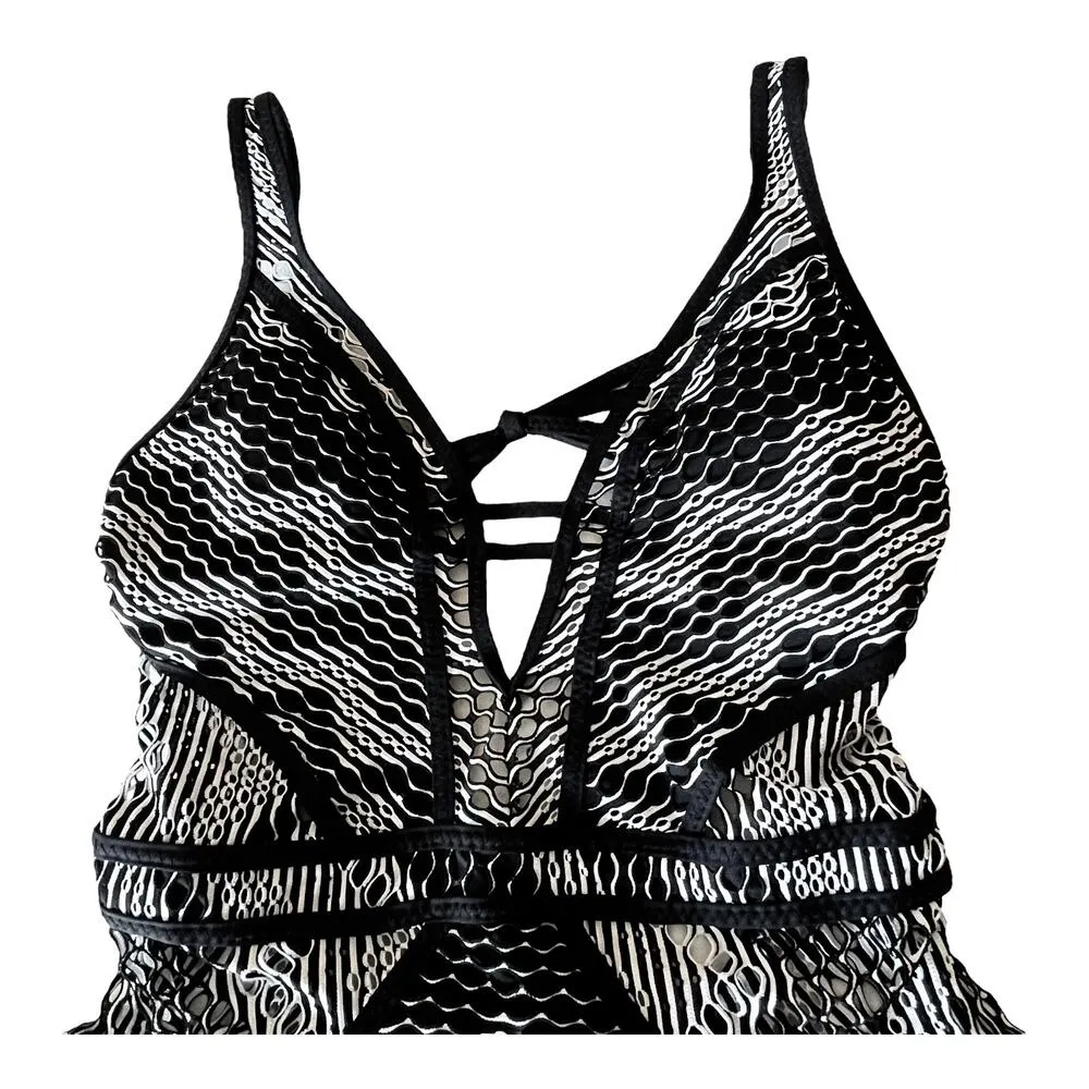 NEW BECCA Reveal Plunge One Piece SWIMSUIT SM Womens Black Crochet Bathing Suit! - Image 7