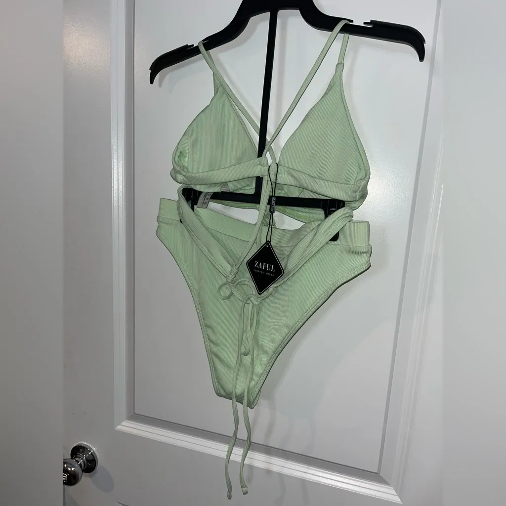 ZAFUL NWT Ribbed Cinched Lace Up Tankini Swimwear Set Summer Mint Green Sz 6 - Image 11