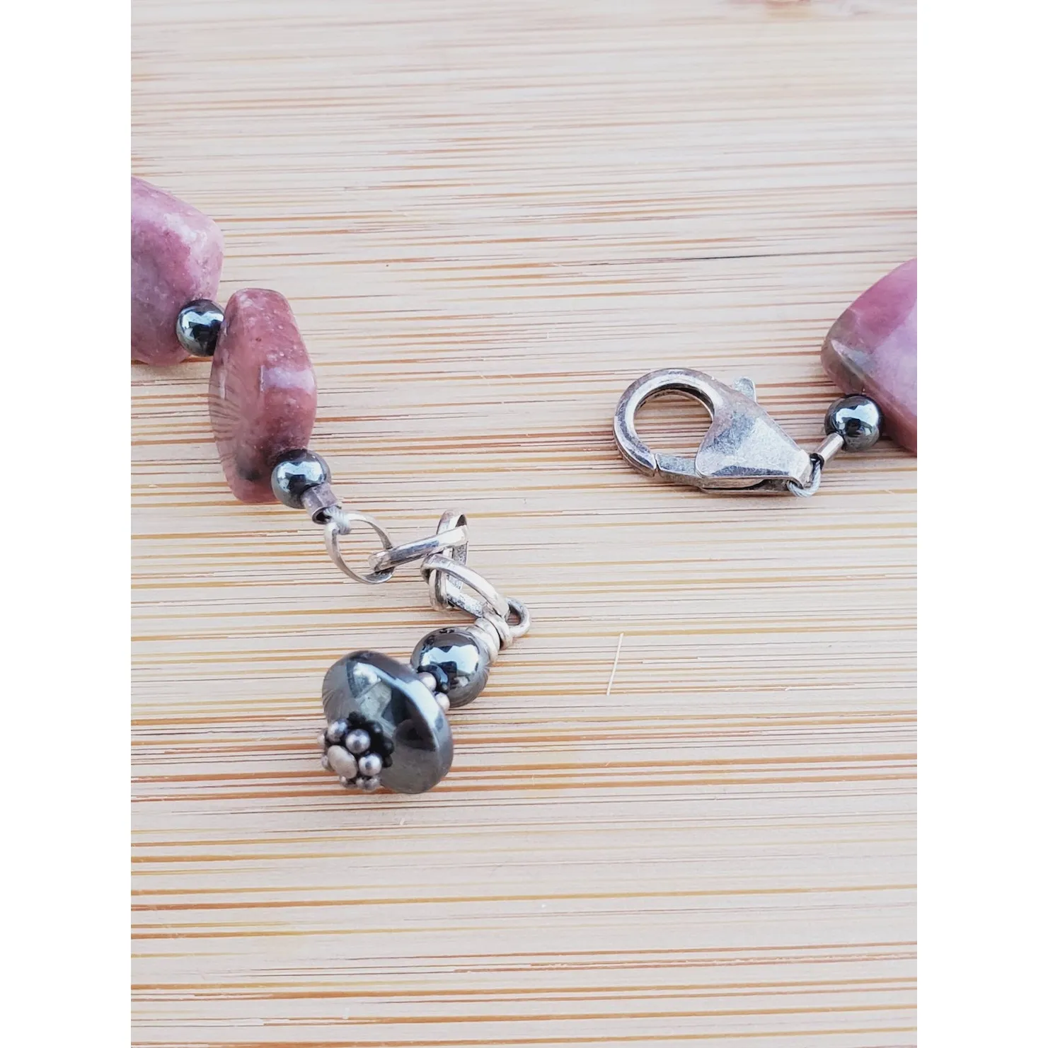 Sterling Silver Pink Marble Hematite Bead Bracelet XL Adjustable - Image 5