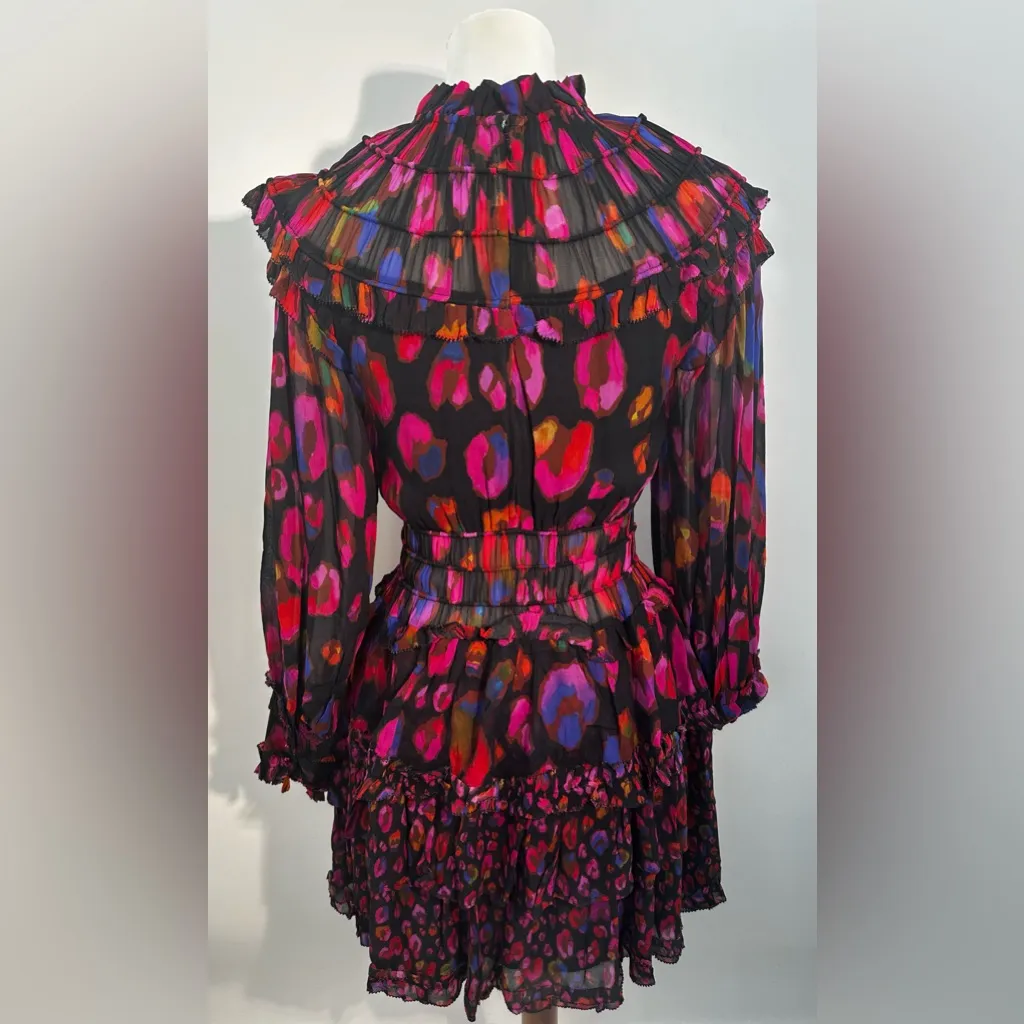 Farm Rio XS Iridescent Leopard Ruffled Mini Dress Black Pink  Tiered Long Sleeve - Image 8