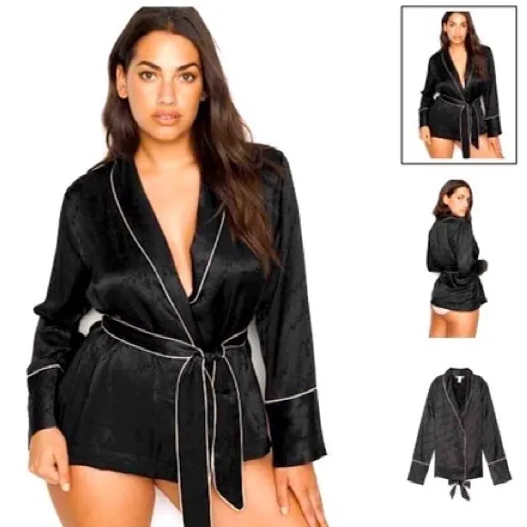 NWOT Victoria’s Secret black satin logo wrap pj jacket, size M - Image 2