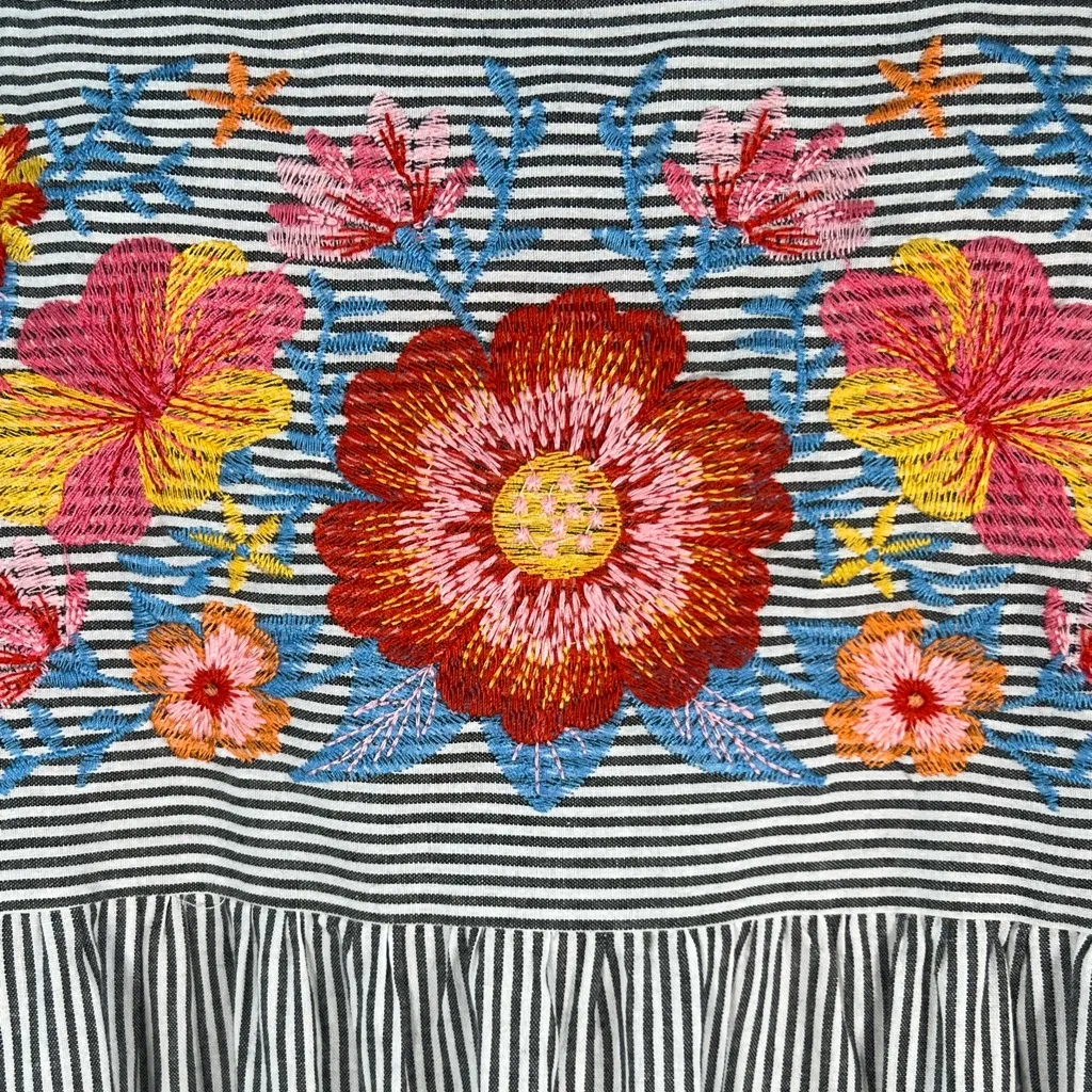 Savanna Jane White Striped Ruffled Dress Floral Embroidery Red Yellow Orange Pink Size L - Image 3