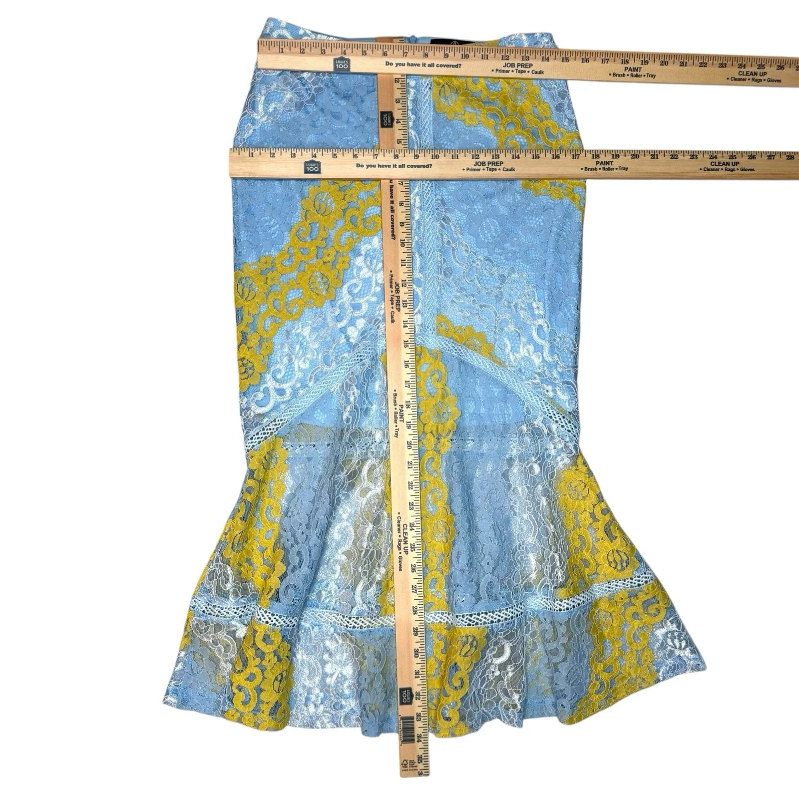 Y2K‎ Lace Trumpet Midi Skirt Blue Yellow Semi Sheer Lined Coquette Ruffle M 8 - Image 7