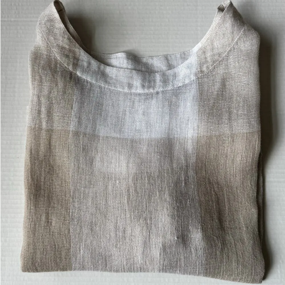 Pure J Jill Linen Airy Weave woven Top Tan white Boxy Lagenlook Coastal Boho L Size L - Image 6