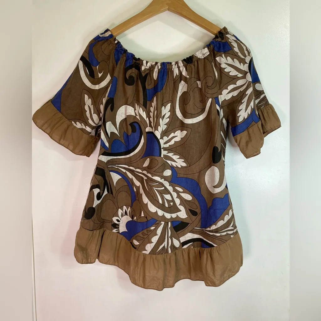 Terzo Millennio Women’s Linen Ruffle Hem Tunic Top Size S Made in Italy Brown - Image 2