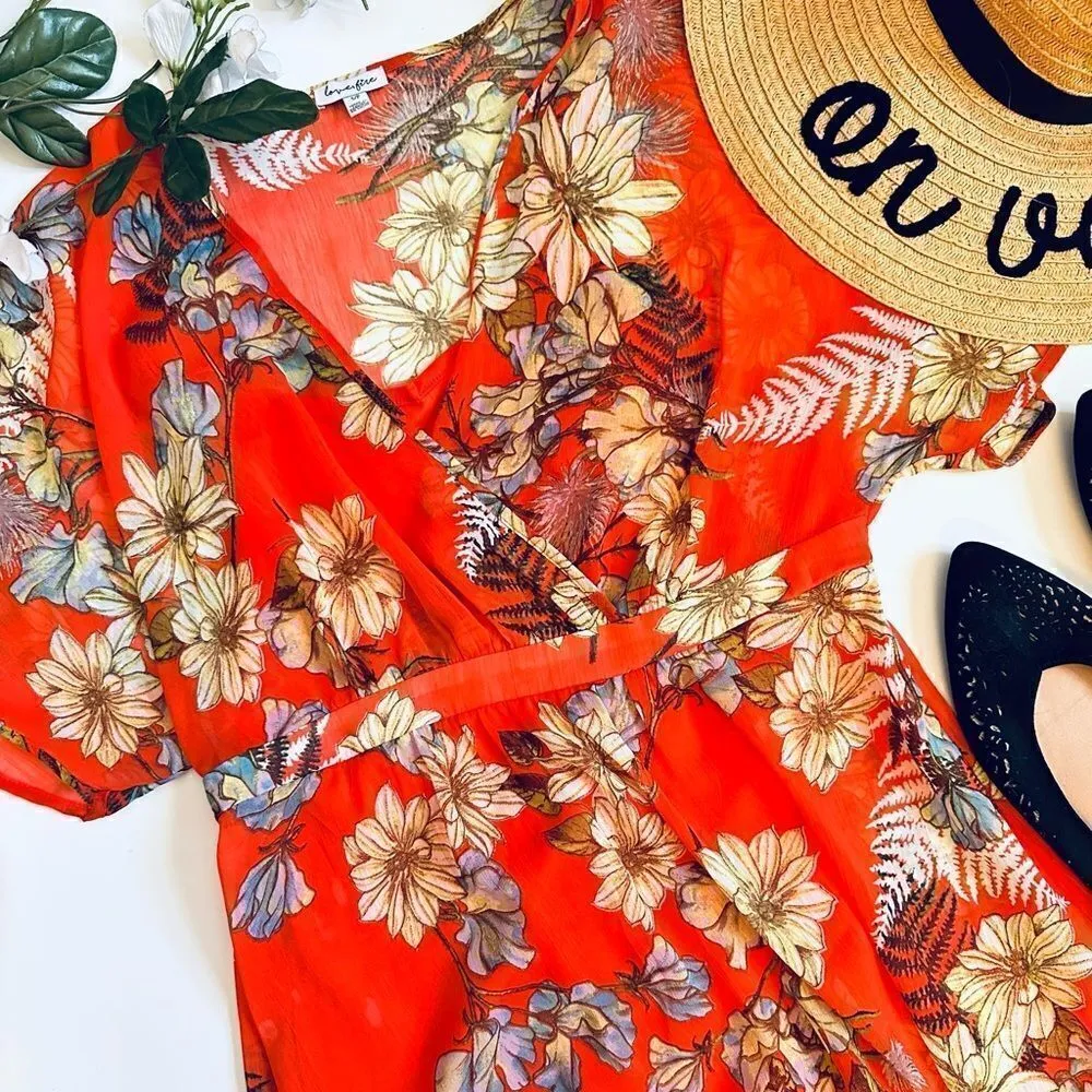 Love Fire Tropical Print Bohemian Floral Flutter Sleeve Semi Sheer Maxi Dress Orange - Image 9