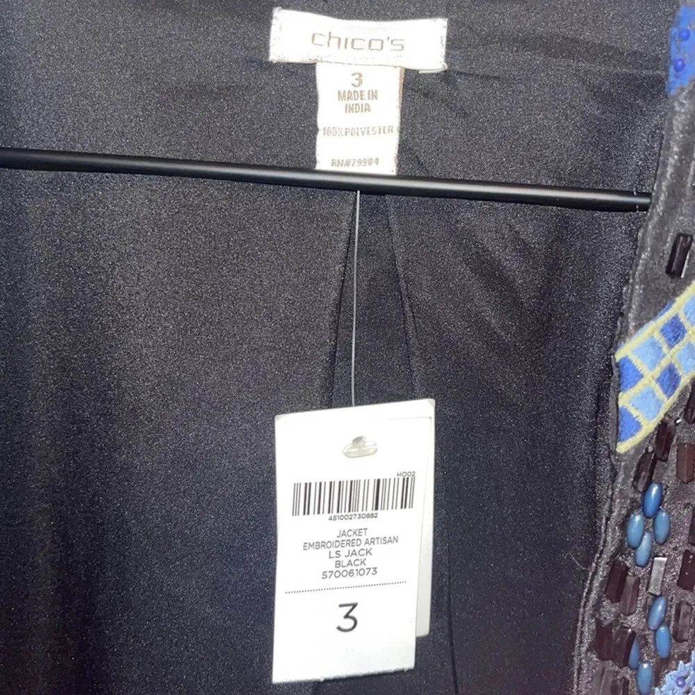NWT Chico’s Beaded Embroidered Artisan Jacket XL Size 3 Black Cool Tones Artsy - Image 5