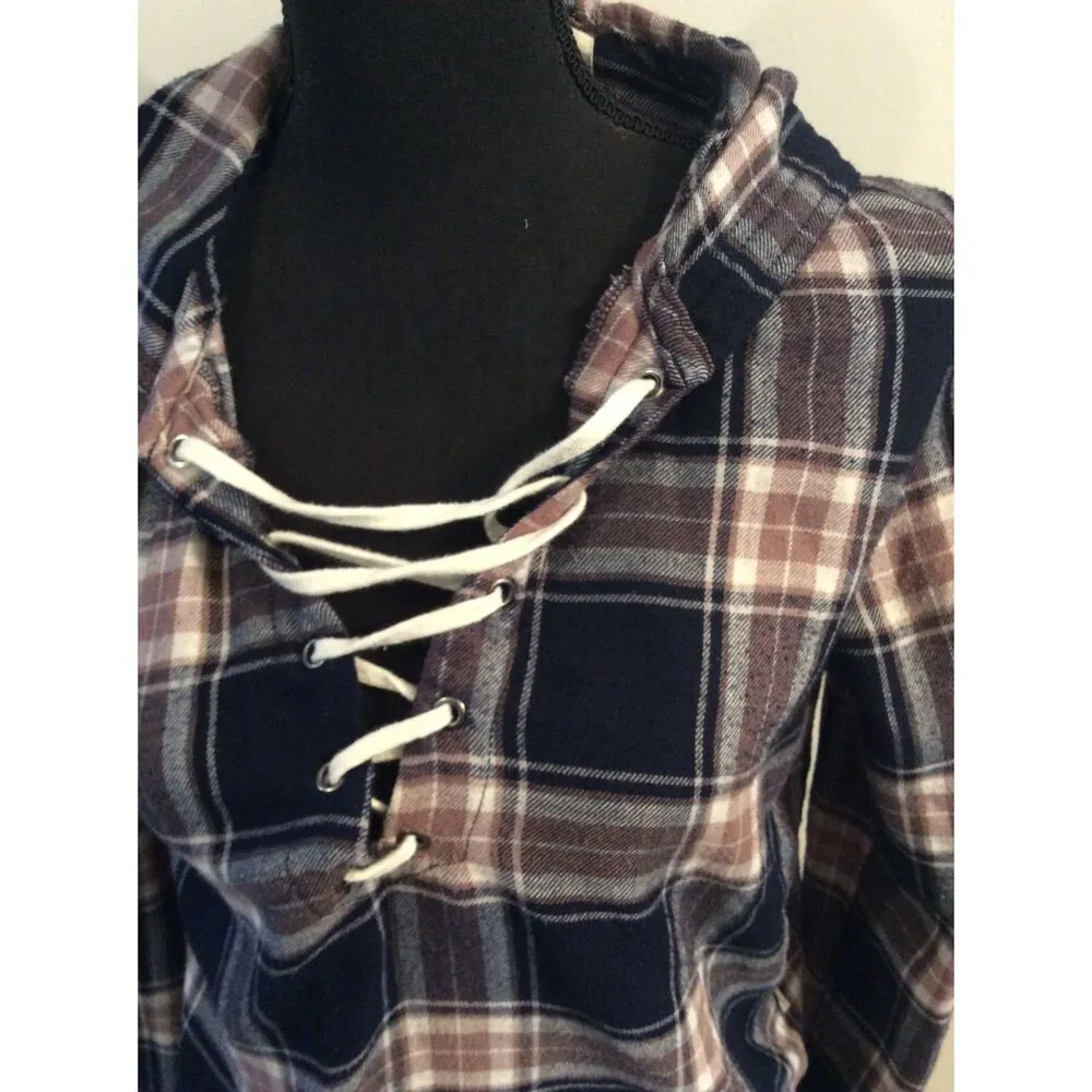 Plaid Hoodie Cropped Shirt Garage Size Small Lace up Front - Image 4