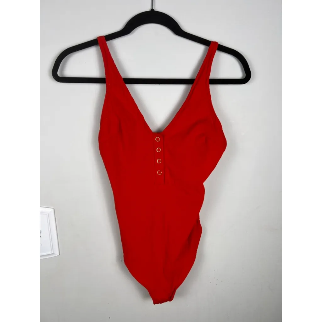 Women's Free People Red Ribbed V-Neck Bodysuit XS Festival Layering Henley - Image 2