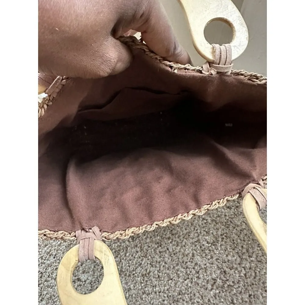 Vintage Woven Cornhusk Straw Hand Bag Wooden Handle Basket Tan Brown Purse Lined - Image 5