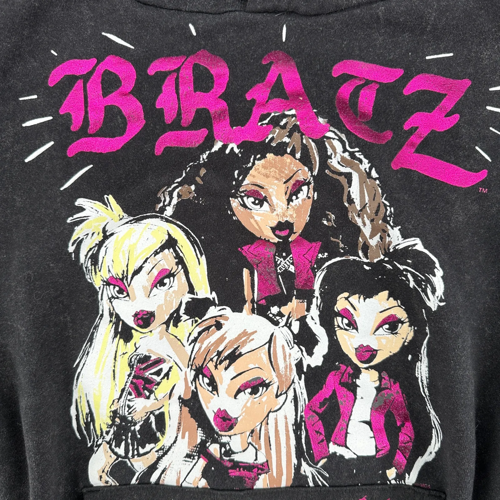 Y2K Bratz Doll Black Hot Pink Sweatshirt Hoodie Bleach Distressed Pockets Small - Image 5