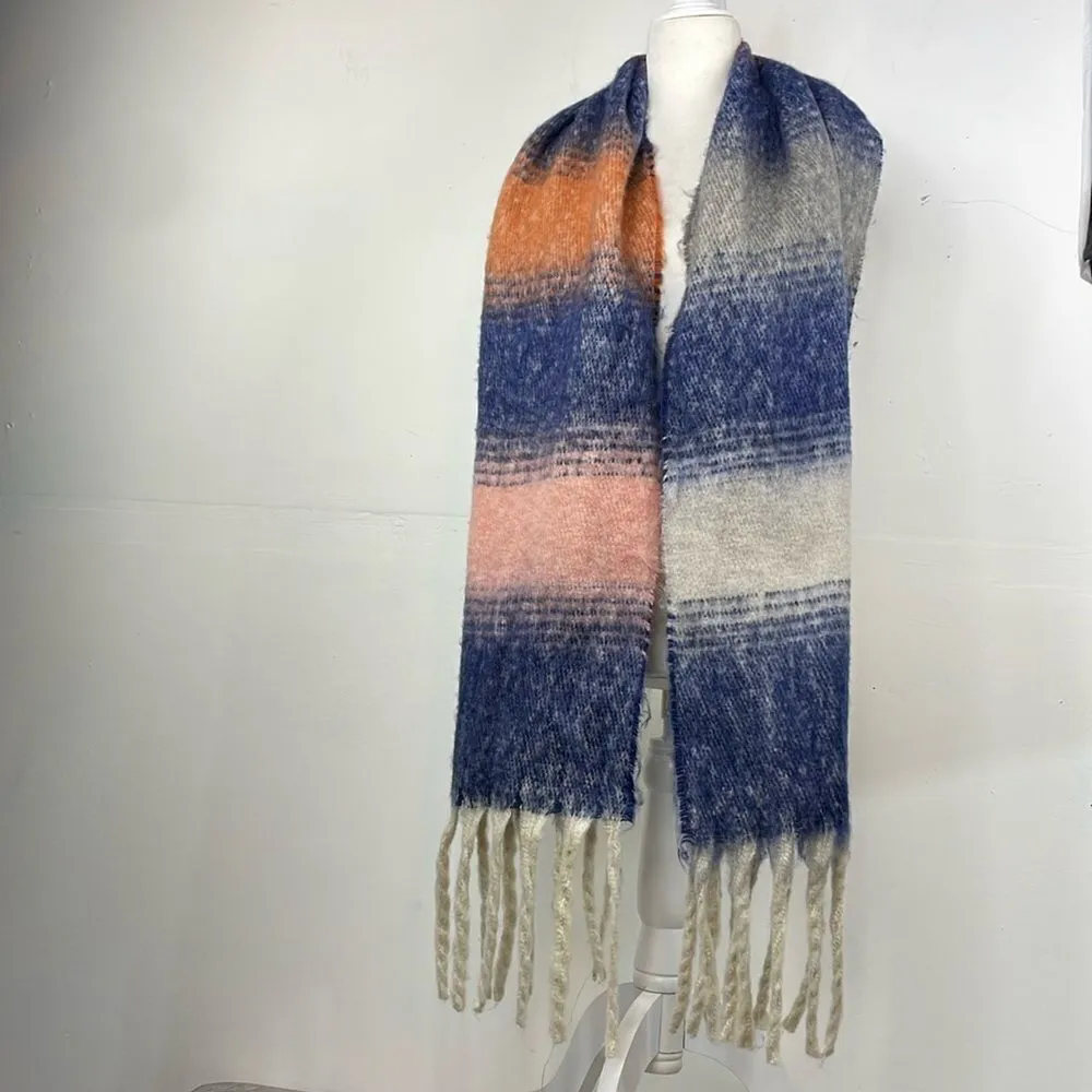 Chunky Colorblock Multicolor with Fringe Warm Soft Scarf - Image 2