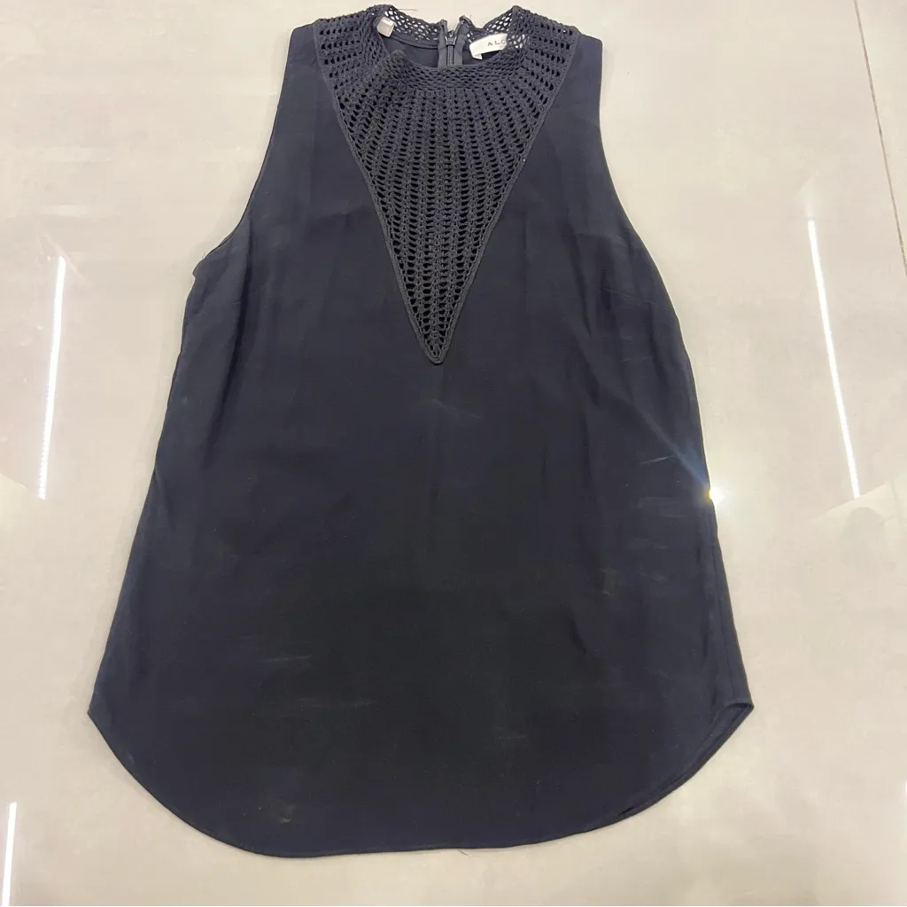 A.L.C. Alec Crochet Inset Trim Blouse Sleeveless Top Black Crepe Size 0 - Image 3