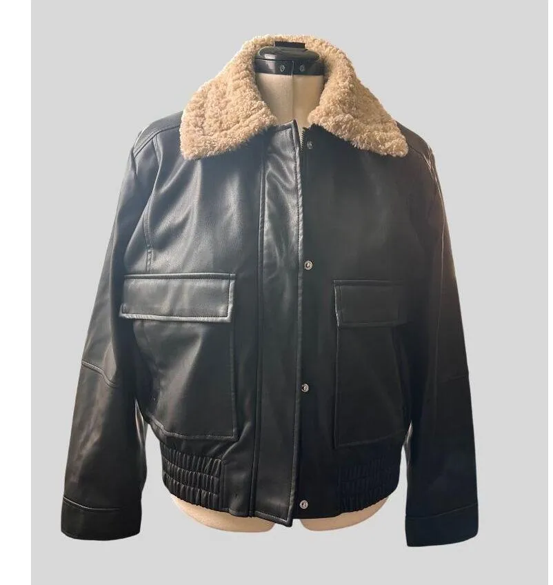 French Connection  Vegan Leather Bomber Jacket Shearling Collar Snap Closure - Image 8