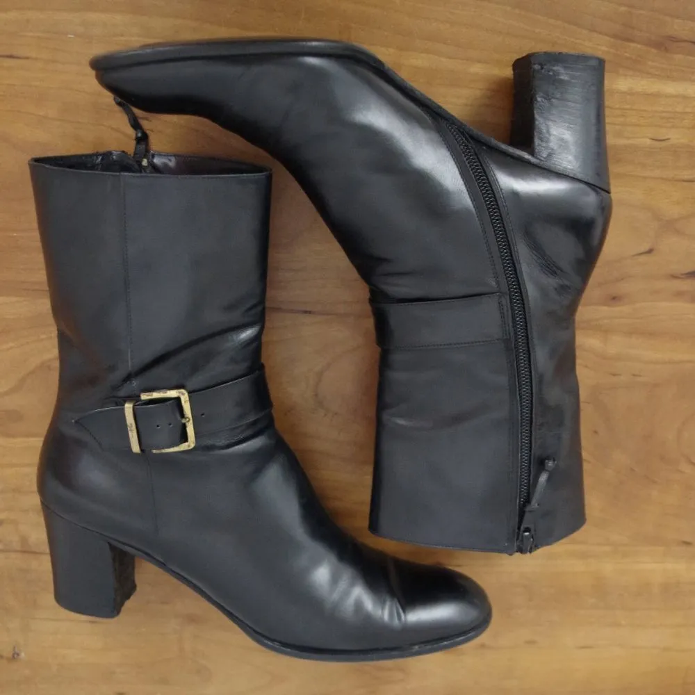 Salvatore Ferragamo Black Leather Buckle Heeled Zip UP Boots Size 8.5 4A - Image 5