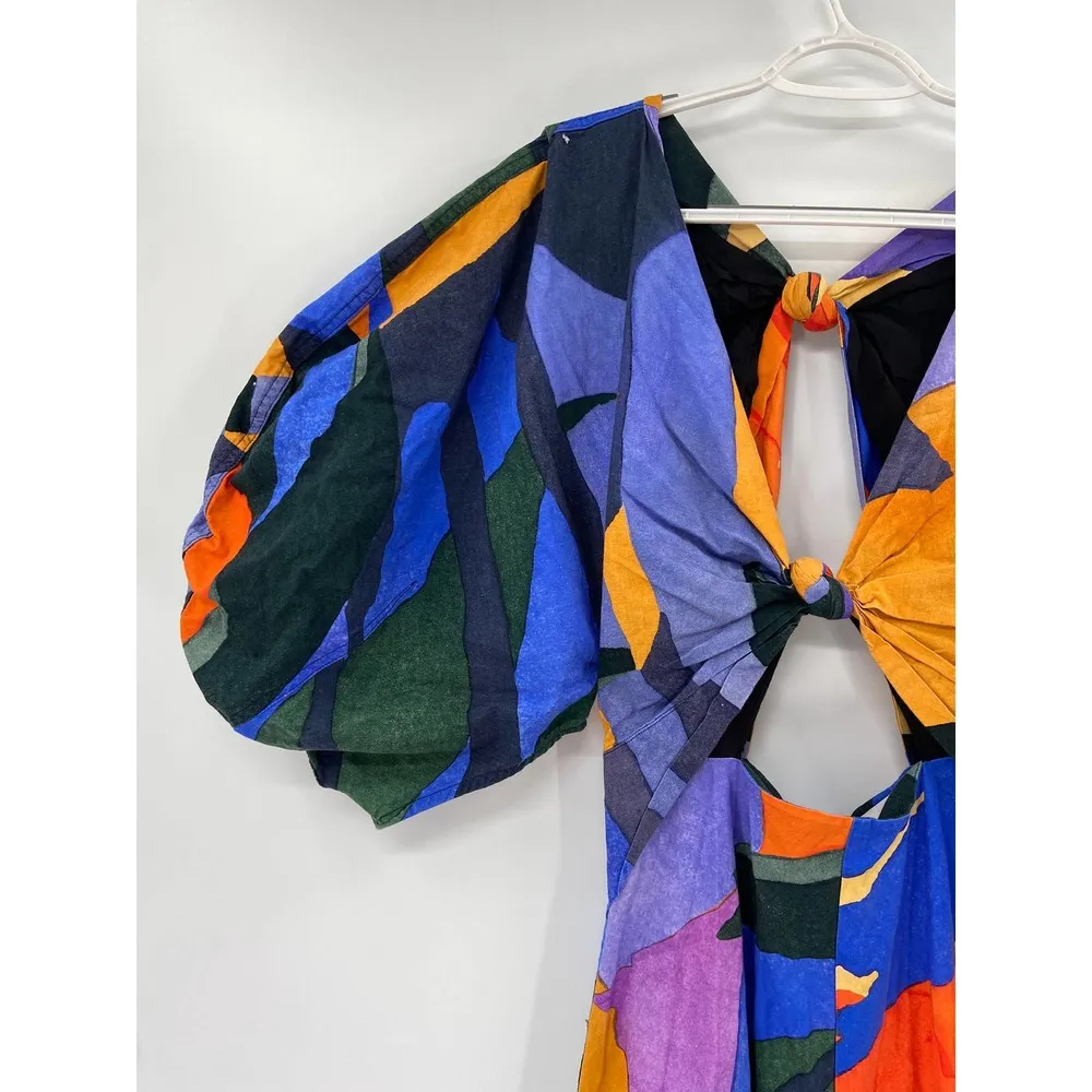 Mara Hoffman Leila Multicolor Abstract Print Plunge Puff Sleeve Cotton Dress 6 - Image 4
