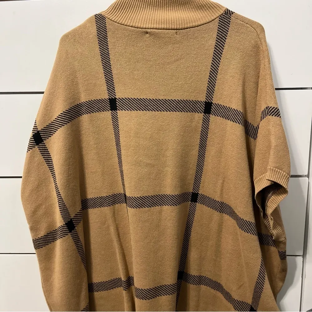 New York & Company Tan & Black Plaid Sweater Poncho - Image 3