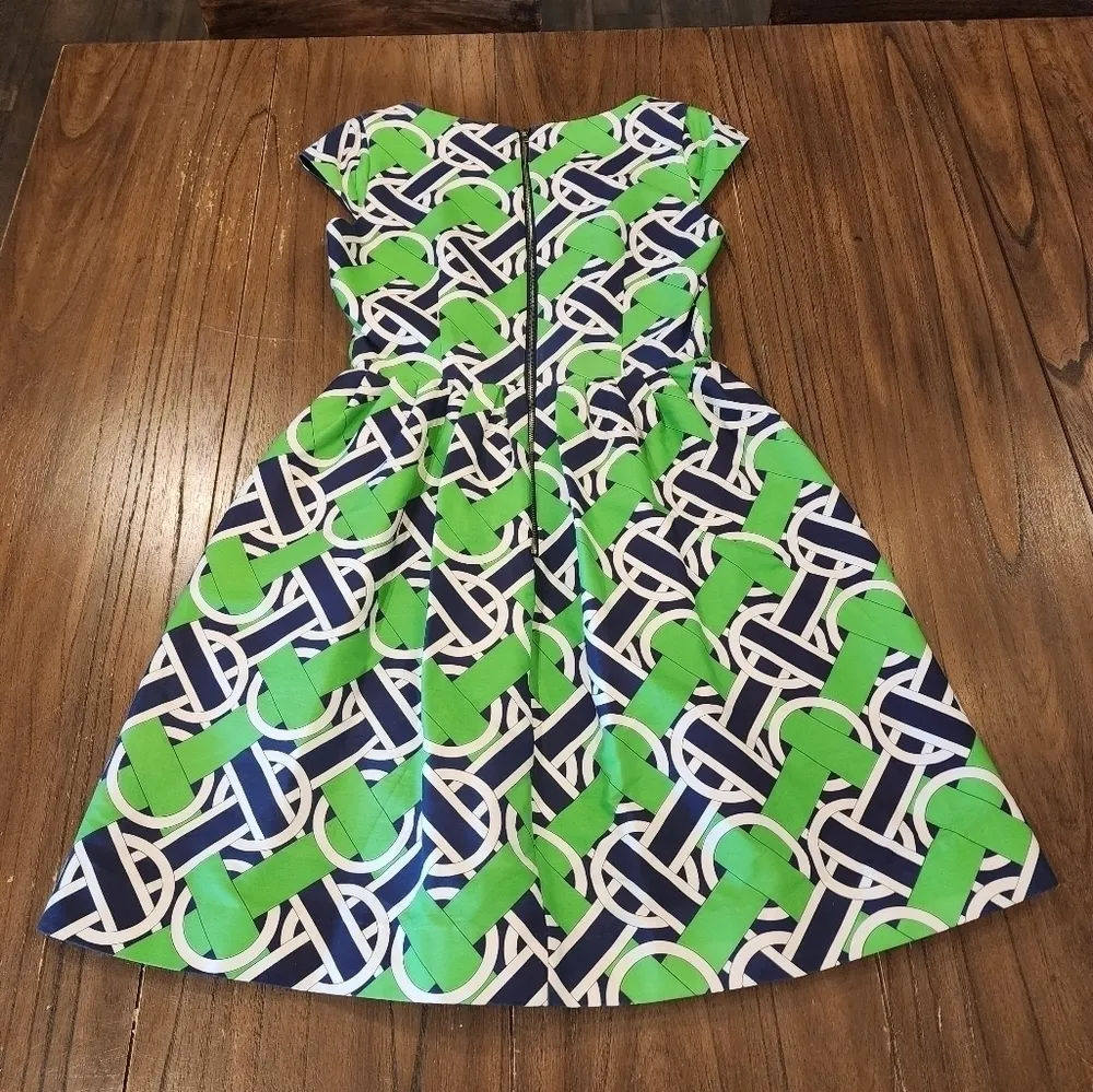 Elizabeth McKay Green & Navy A Line Geo Print retro cotton silk mini dress Size 2 - Image 12