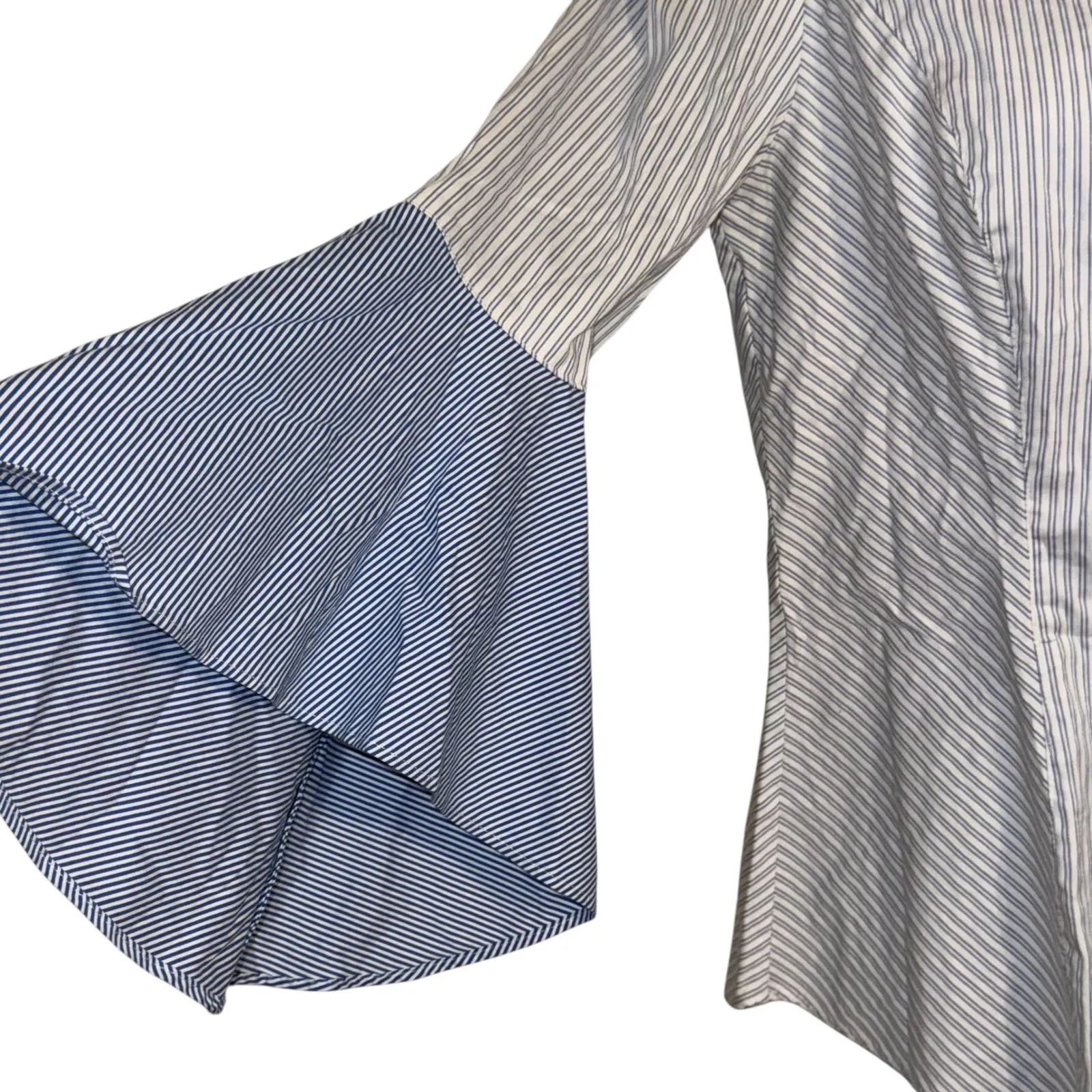 WHITE HOUSE BLACK MARKET Blue and White Striped Button Up Bell Sleeve Blouse 6 - Image 4