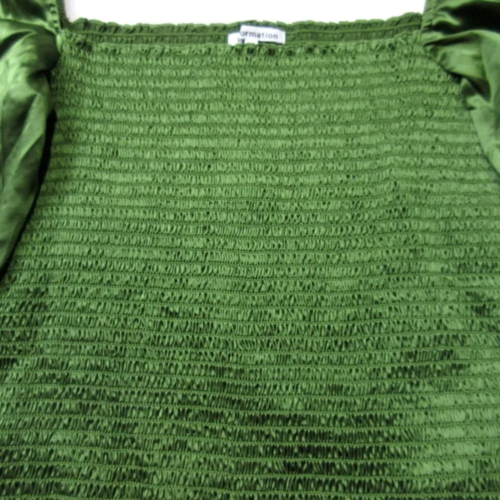 NWT Reformation Chamomile Top in Moss Green Silk Satin Smocked Blouse M - Image 3