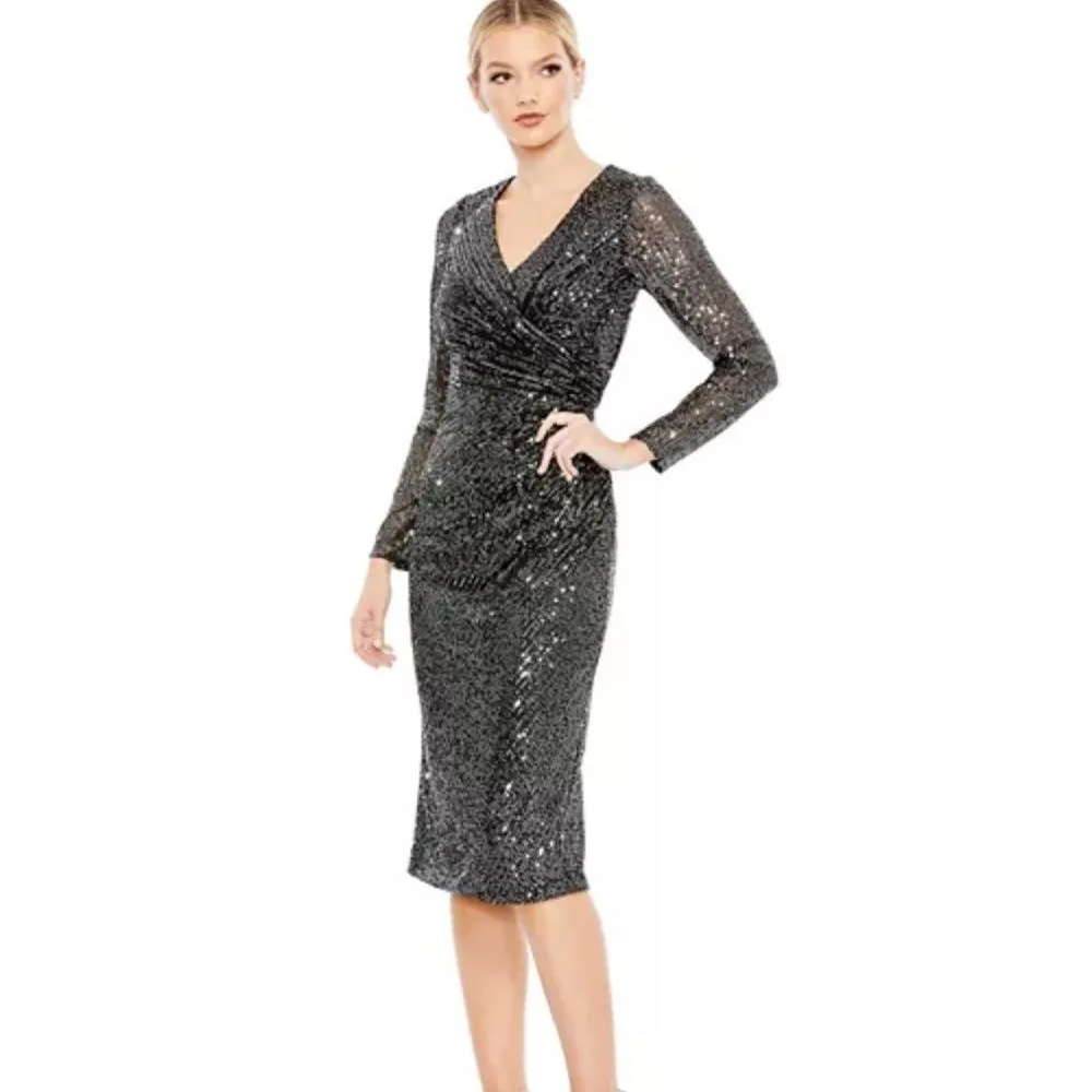 IEENA for Mac Duggal Black Sequin Faux Wrap V Neck Long Sleeve Midi Dress Siz 12 - Image 9