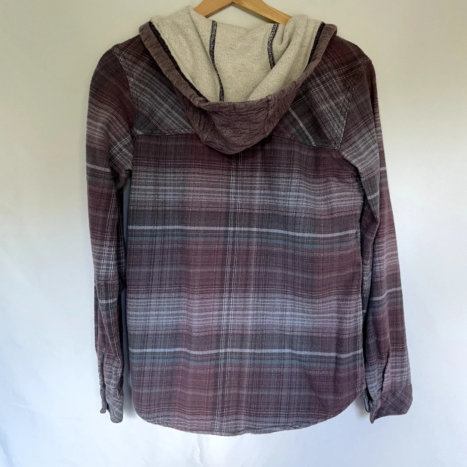 Columbia button down checkered shirt fleece hood women's small cotton purple - Image 7
