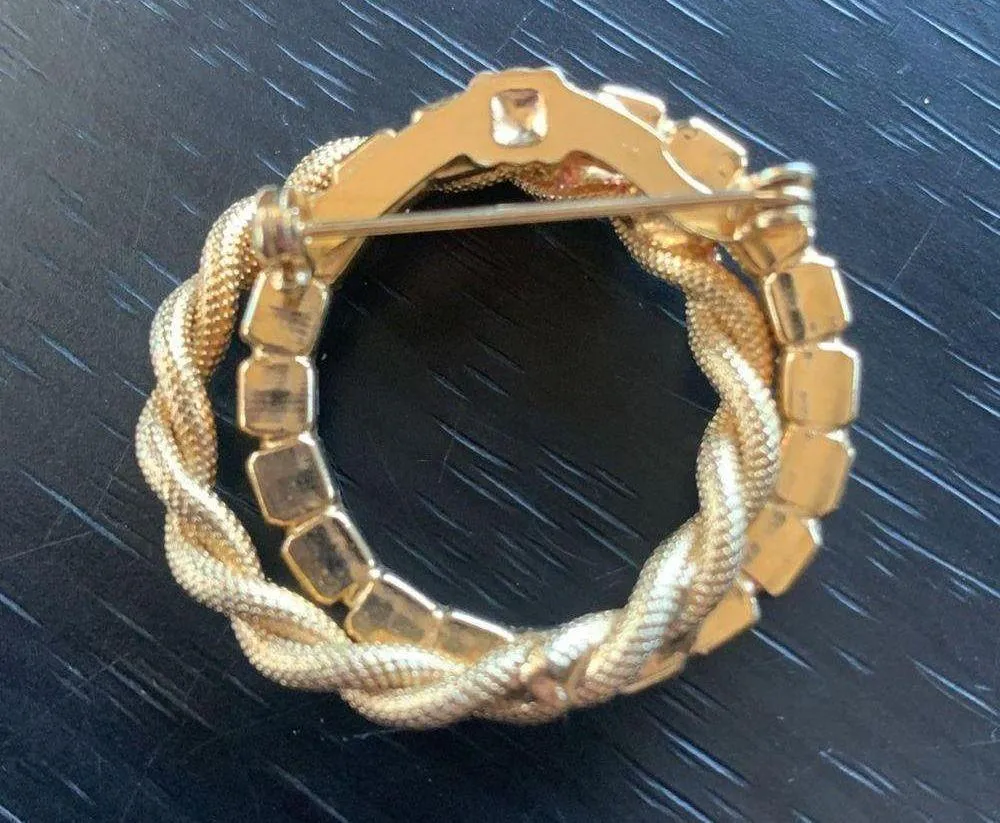 Vintage Pink Gold Rhinestone Wreath Brooch Pin - Image 2