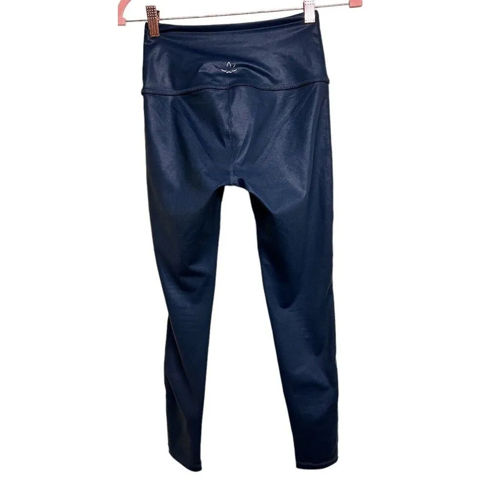 Beyond Yoga Navy Blue Faux Leather Leggings w Lace Trim Detailing Size Small - Image 2