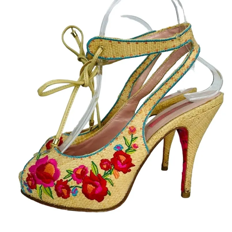 Betsey Johnson Floral Embroidered Peep Toe Heels Size 7 Ankle Wrap Tie - Image 2