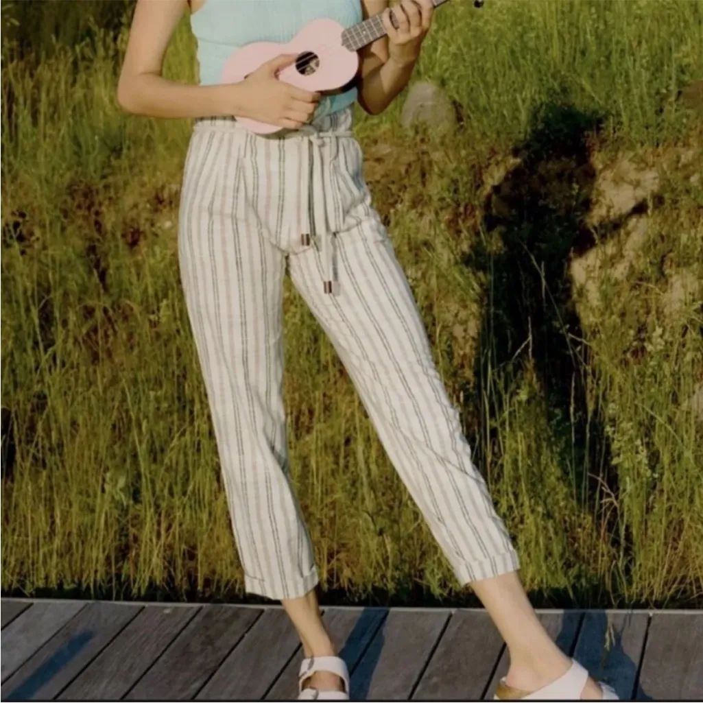 Maeve by Anthropologie Sutton Cotton Tapered Belt Neutral Stripe Cropped Pant, 8 - Image 2