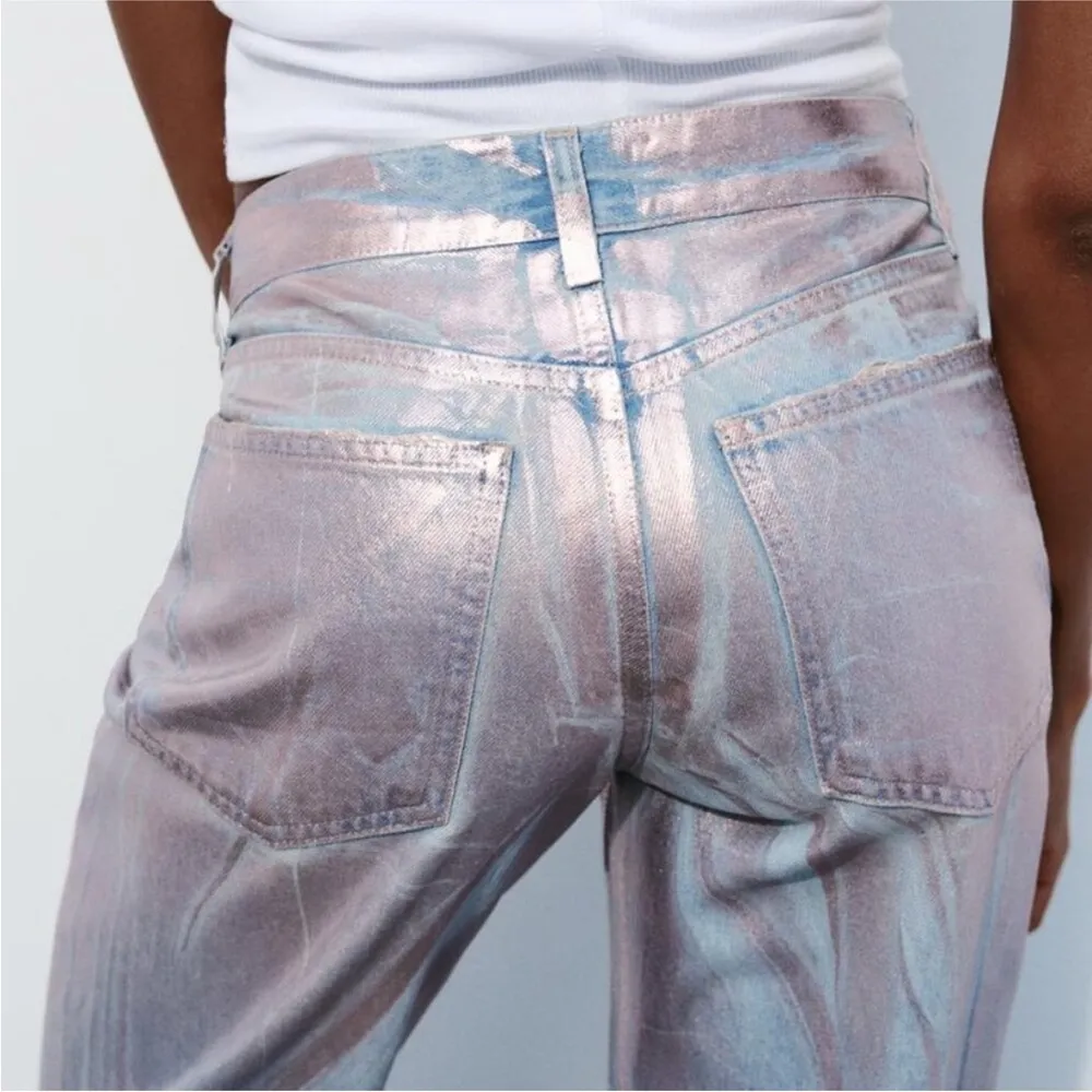 Zara MID WAIST FULL LENGTH TRF FOIL SILVER METALLIC WAXED JEANS SIZE 6 NEW - Image 8