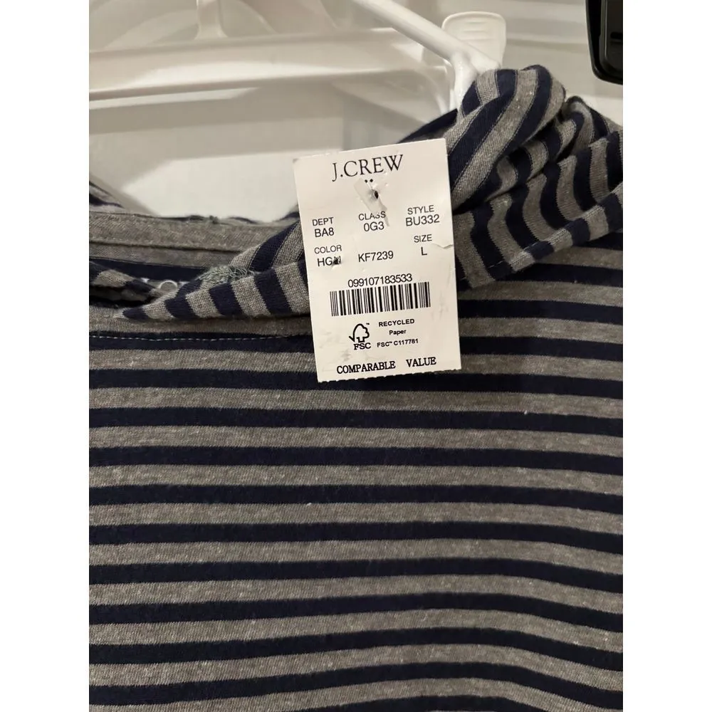 J.‎ Crew Women's Hooded Top Lg Gray Navy Stripe Long Sleeve Casual New - Image 2