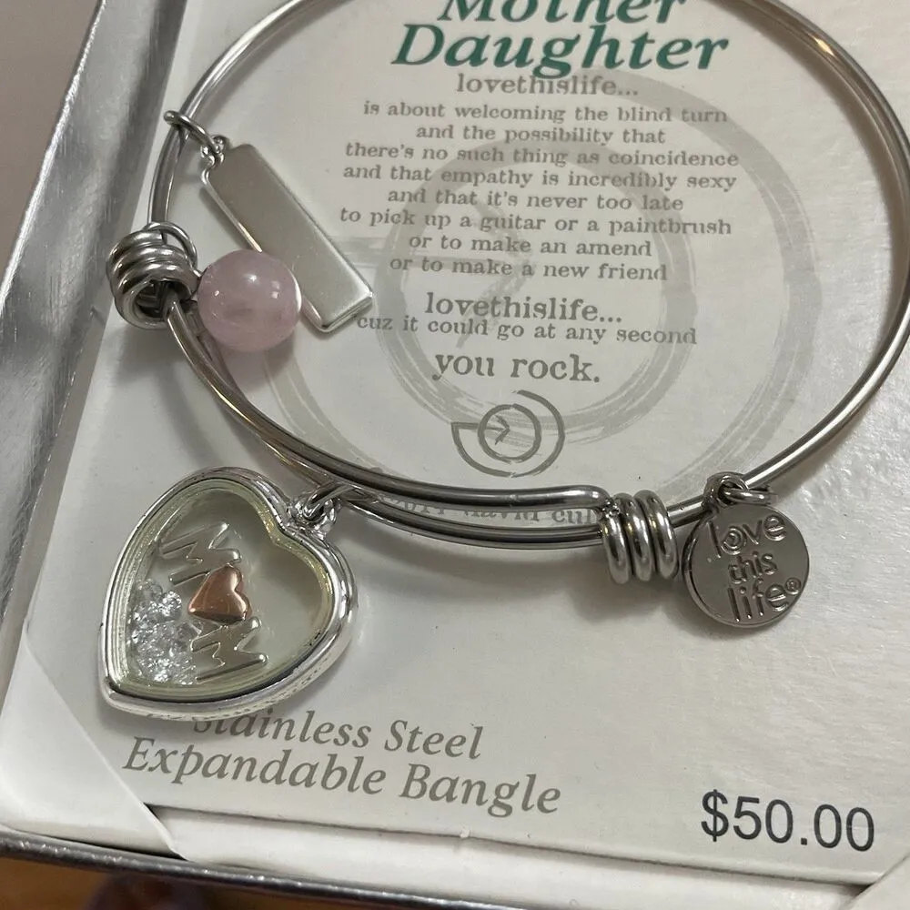 Mother Daughter Stainless Steel Expandable Bangle Bracelet Love This Life NEW Silver - Image 3