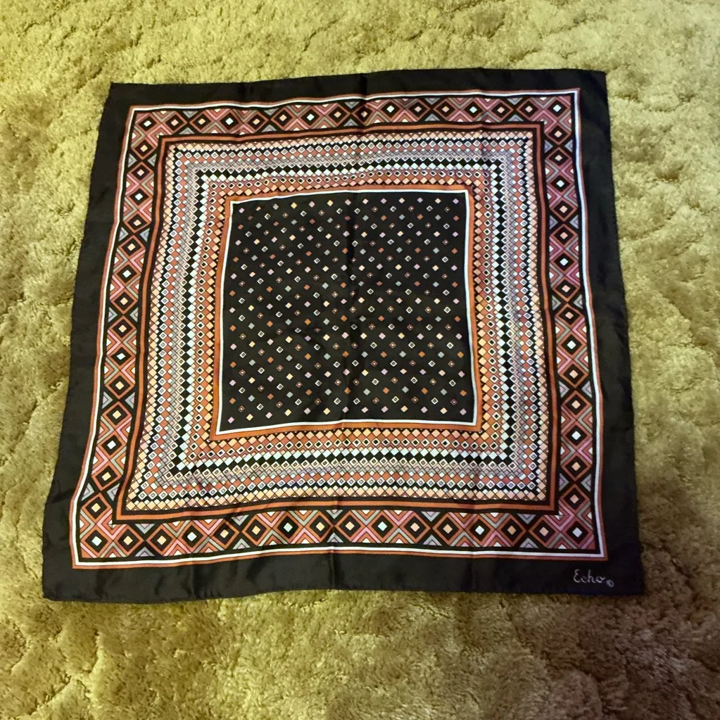 Vintage Echo Silk Scarf Geometric Diamond Print Brown Rust Square - Image 3