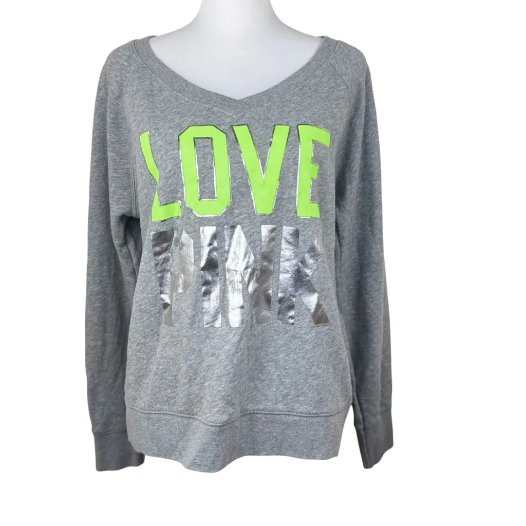 PiNK Victoria’s Secret Heathered Gray LOVE PINK Ling Sleeve N-Neck Sweatshirt L - Image 7