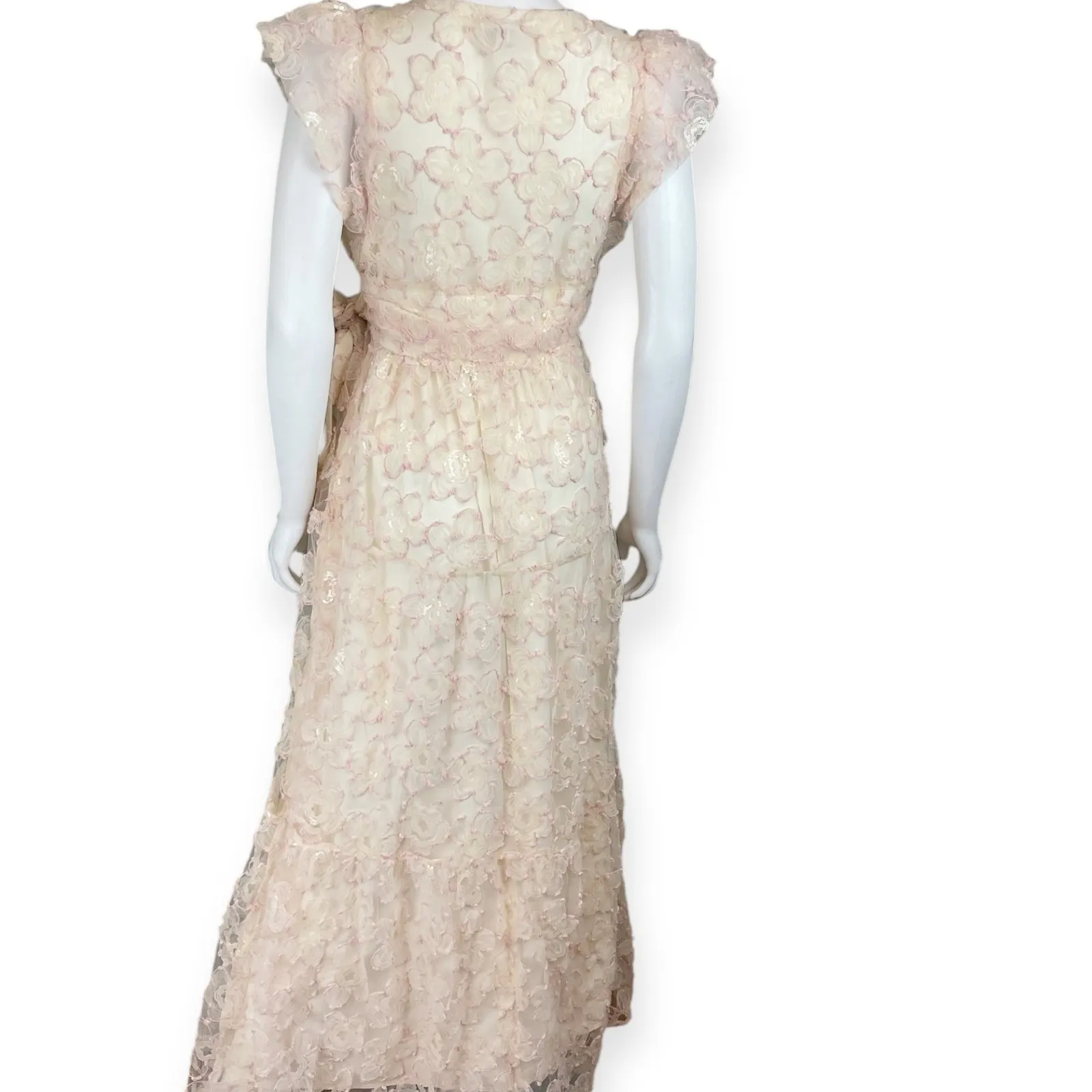 Flora Bea Porsha Dress Pink Floral Lace Maxi Wrap V Neck Cap Sleeve Small - Image 6