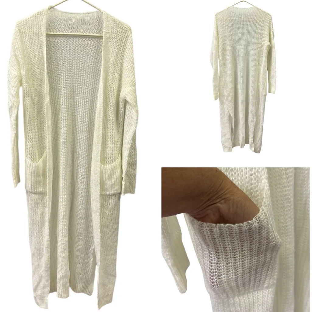 Cream Knit Long Full Length Duster Open Front Pocket Cardigan Sweater Size Small - Image 2