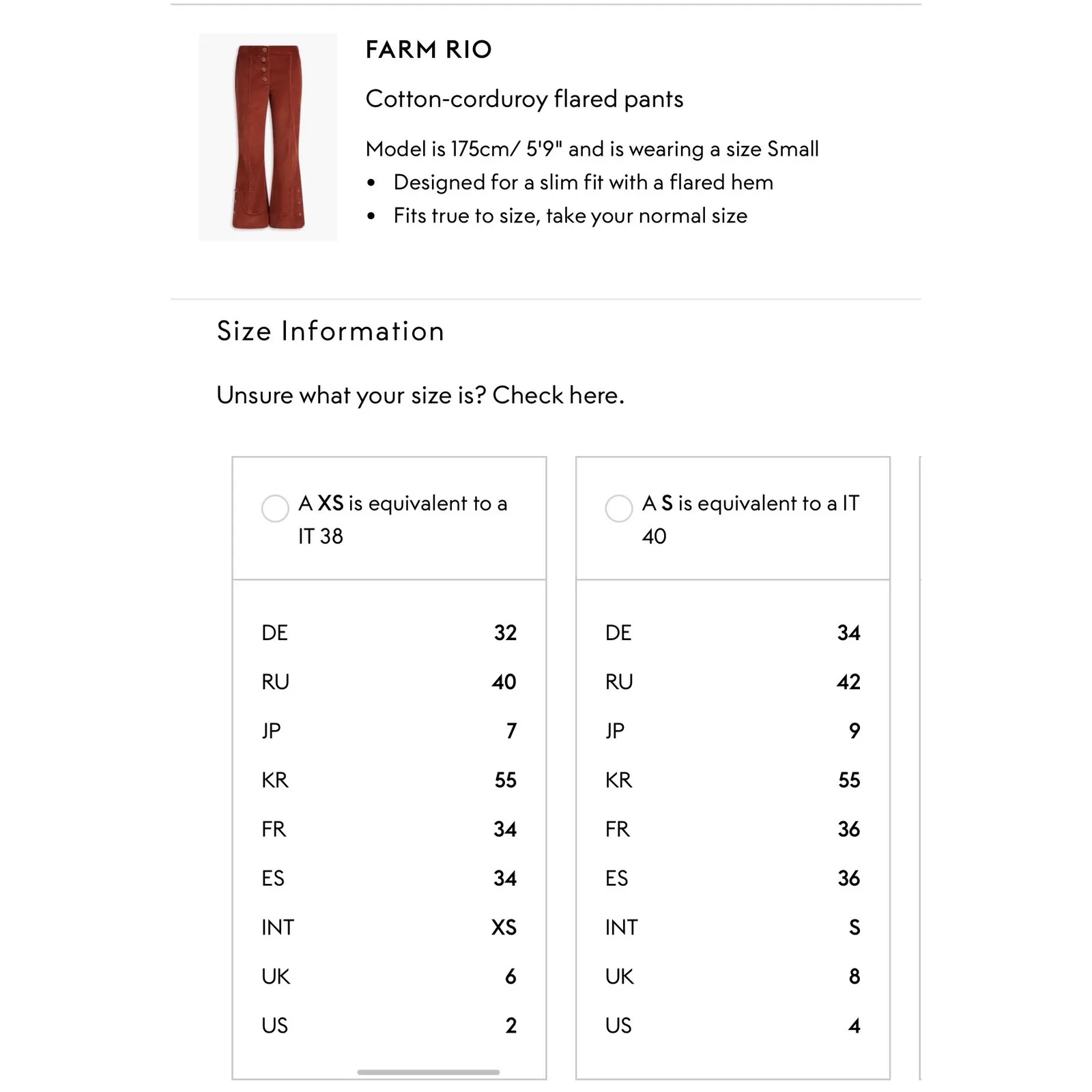 FARM RIO Cotton Corduroy Flared Pants XS Brown NEW Retro Button Festival Boho - Image 15