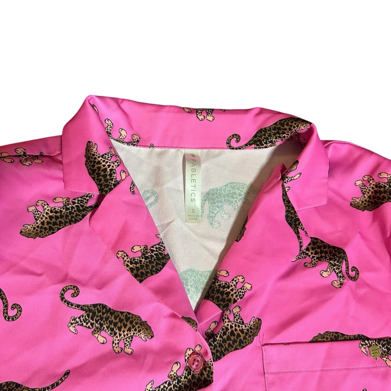 Fabletics EcoSatin Pink Leopard Print Pajama Set Crop Pant Button Down Top Sz S - Image 5