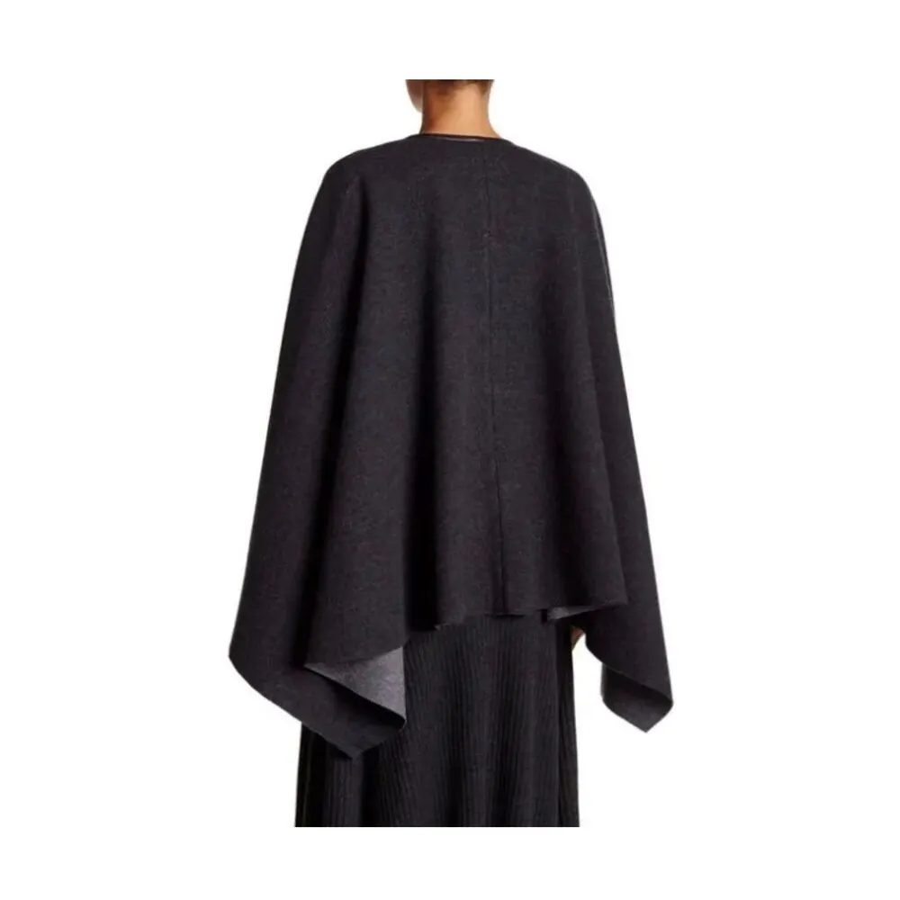 Eileen Fisher Felted Merino Wool Snap Front Cape With 100% Leather Trim Sz S/M - Image 9