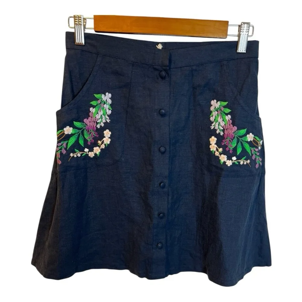 Fanm Mon Brodere Linen Mini Skirt Small Indigo Blue Floral Embroidery Pockets - Image 2