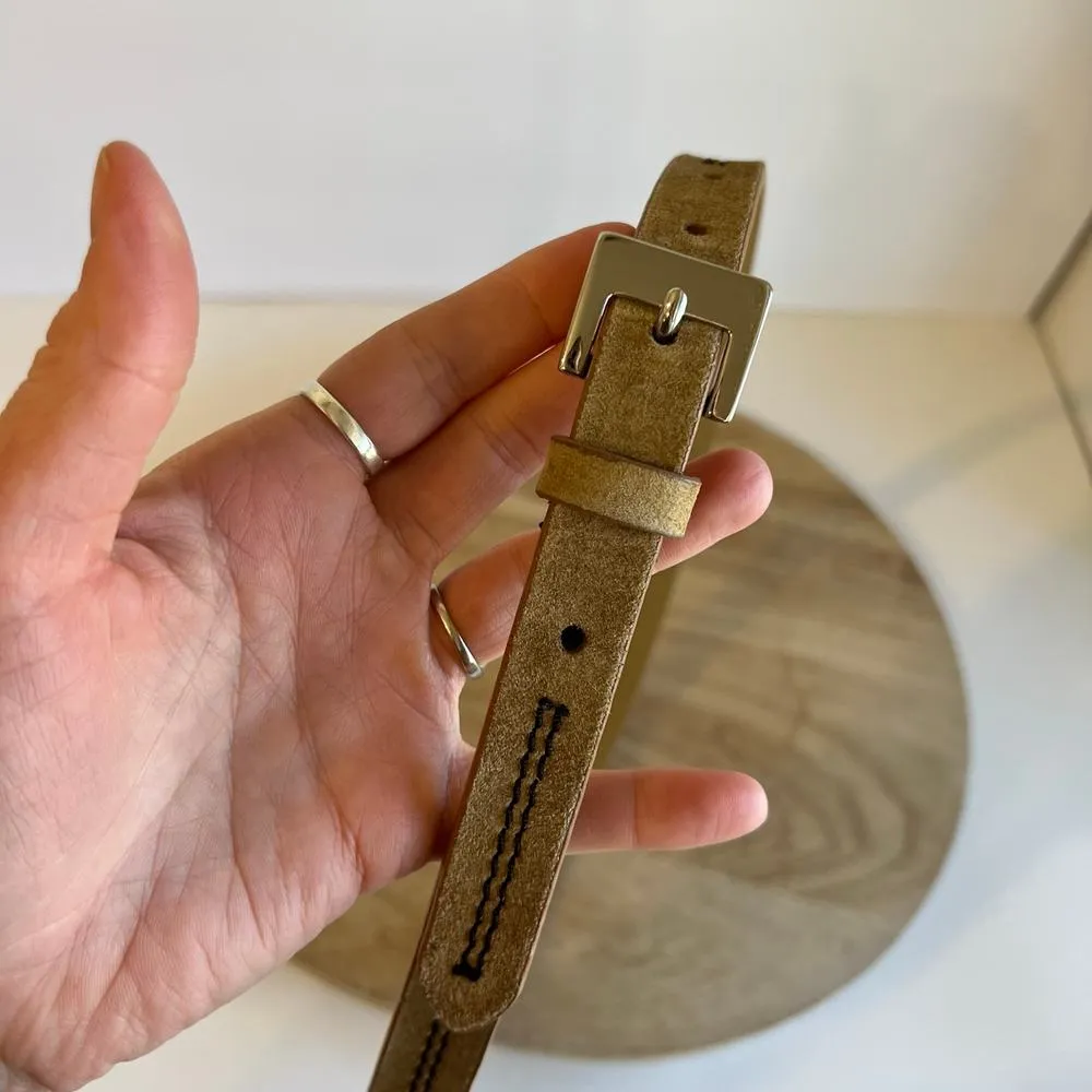 Vintage Tan Vegan Leather Black Stitched Thin Skinny Silver Buckle Belt Large - Image 3